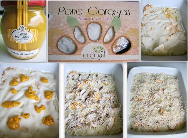 Lasagne di pane carasau con besciamella, funghi e salsa di zucca senza glutine Lasagne di pane carasau con besciamella, funghi e salsa di zucca senza glutine