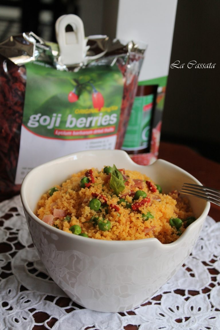 Taboulé sans gluten avec speck, petits pois et baies de goji - La Cassata Celiaca