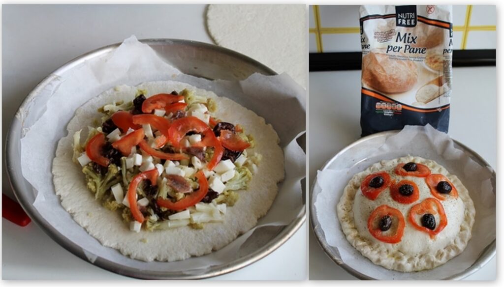 Pizza farcita con broccoli e formaggio di capra, senza glutine nè proteine del latte vaccino Pizza farcita con broccoli e formaggio di capra, senza glutine nè proteine del latte vaccino