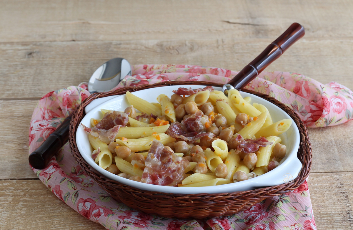 Pâtes avec pois chiches et bacon, sans gluten - La Cassata Celiaca