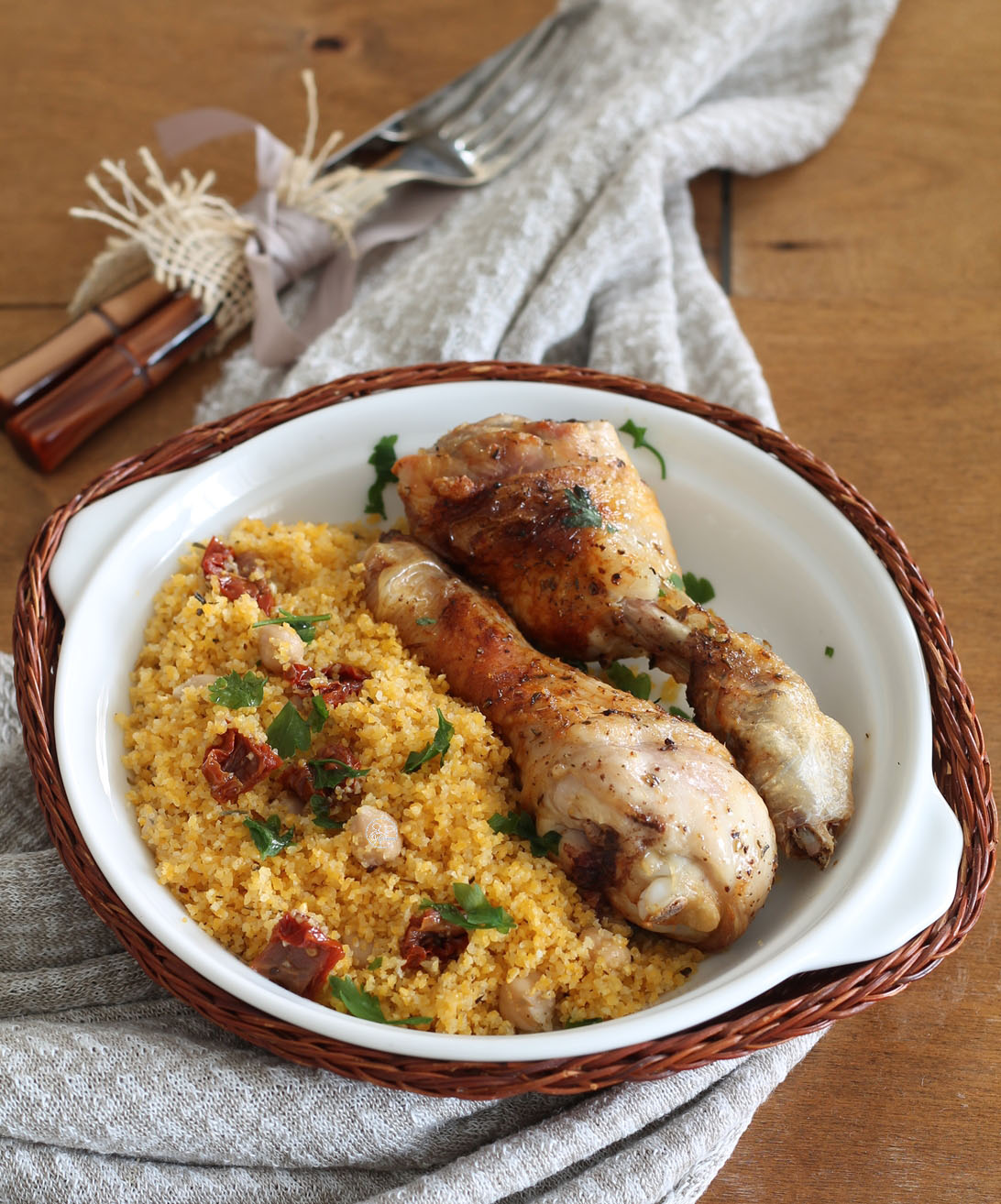 Cous cous sans gluten avec pois chiches et poulet au tabasco- La Cassata Celiaca