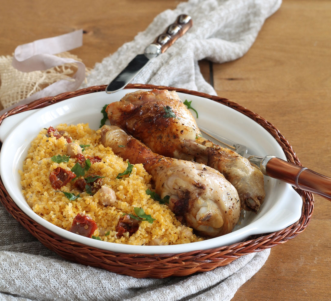 Cous cous sans gluten avec pois chiches et poulet au tabasco- La Cassata Celiaca