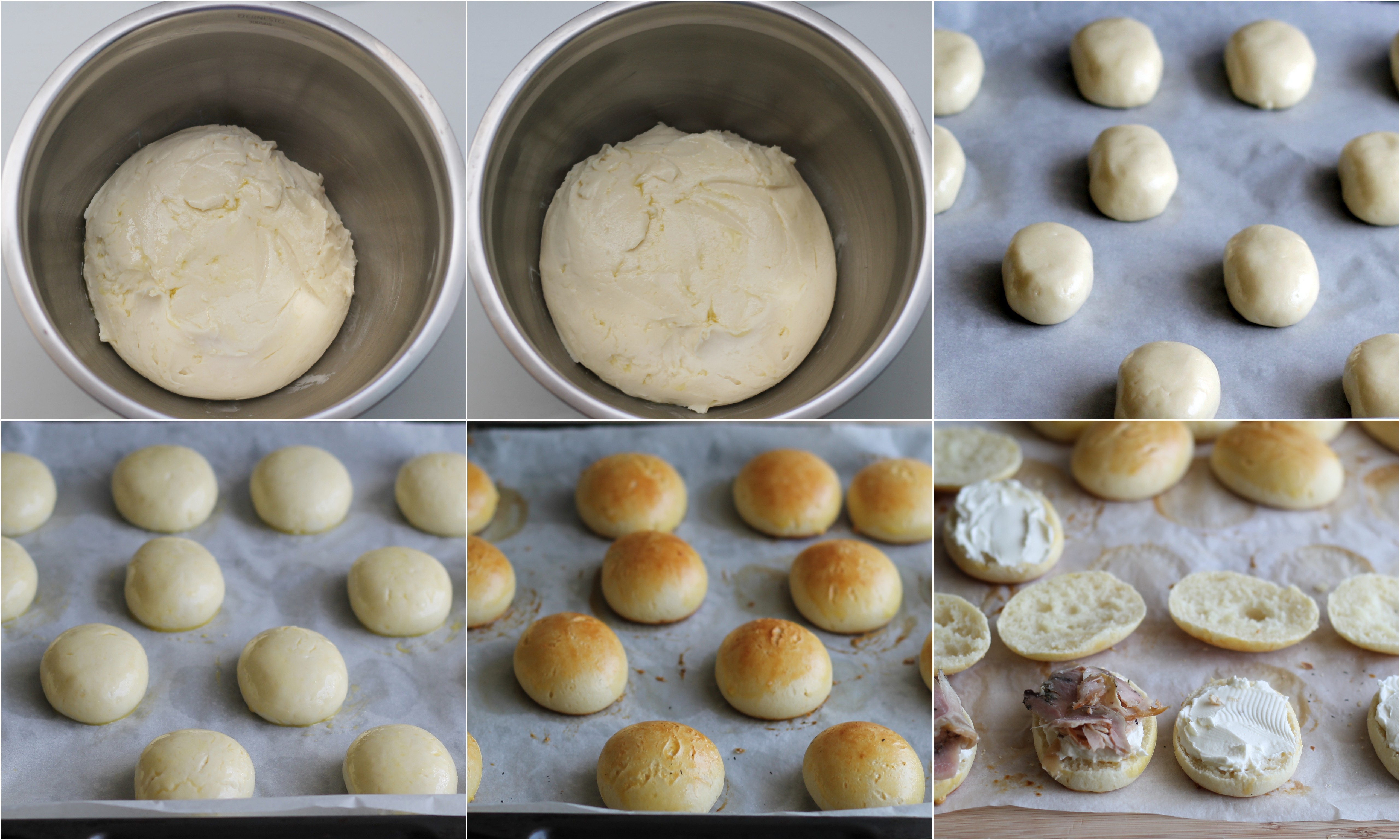 Rudolph buns, petits pains sans gluten - La Cassata Celiaca Versa il mix in ciotola, unisci lo zucchero e il latte tiepido nel quale avrai sciolto il lievito. Impasta molto bene finché non aotterrai una pasta liscia e collosa. Unisci il sale e il burro morbido a tocchetti ed impasta ancora molto affinché il burro venga incorporato. Ungi la ciotola e disponi lìimpasto al suo interno. Copri la ciotola con pellicola e lascia lievitare per circa 1,30/2 ore. Ungi la spianatoia con poco olio e sgonfia la pasta. Pesa 16 bocconcini di impasto di circa 30 grammi l’uno (se te ne rimane un pochino, dividilo per tutti i bocconcini). Lavora i pezzetti di impasto sulla spianatoia formando prima una pallina molto liscia che alllungherai leggermente. Disponi i panini ottenuti su di una placca da forno coperta da carta da forno, copri i panini con pellicola e con uno strofinaccio e lascia lievitare ancora per un’ora e mezza o due. Scalda il forno a 180°. Batti l’uovo e pennella la superficie dei panini. Cuoci per circa 15 minuti. Una volta tiepidi, puoi tagliare i panini e farcirli con formaggio e porchetta. Sulla parte superiore pratica due piccoli incisioni con la punta di un coltello e infilza due salinis (tagliane un piccolissima parte in modo da porterli infilzare bene). Ritaglia 32 piccole rondelline di formaggio (io ho usato la punta tonda di un beccuccio liscio di circa 1/2 cm) e incollale come fossero gli occhi usando pochissimo formaggio spalmabile come colla. Usando uno stuzzicadenti, forma il nero degli occhi con la pasta di olive. Infine ritaglia dei piccoli tondini di pomodori che incollerai a mò di naso.
